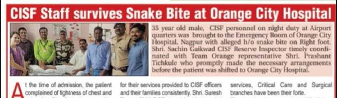 Hitavada -Cisf Staff Survives Snake Bite